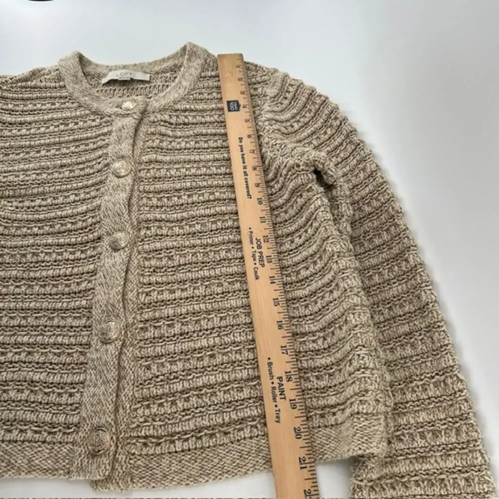 LOFT Chunky Knit Cardigan Sweater Womens L Oatmeal Beige Gold Buttons Cottage
